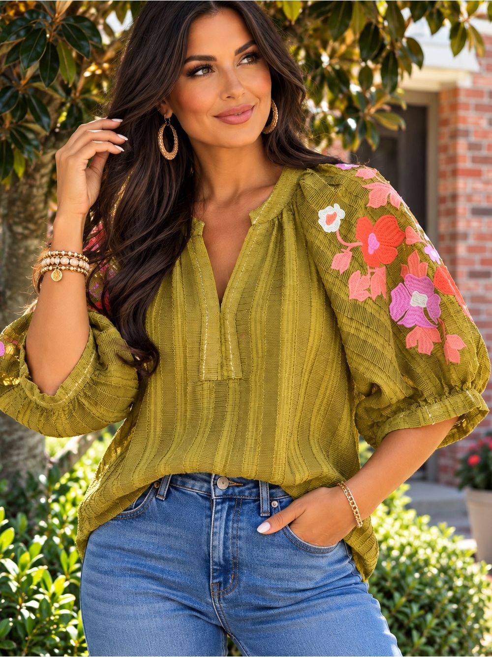NWT THML Olive Floral Embroidered Puff Sleeve Boho Blouse Top S